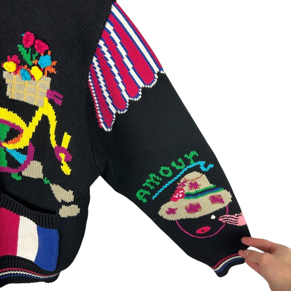 Vintage Maximalist 80s Intarsia Paris Long Sleeve Graphic Sweater M - Picture 4 of 10